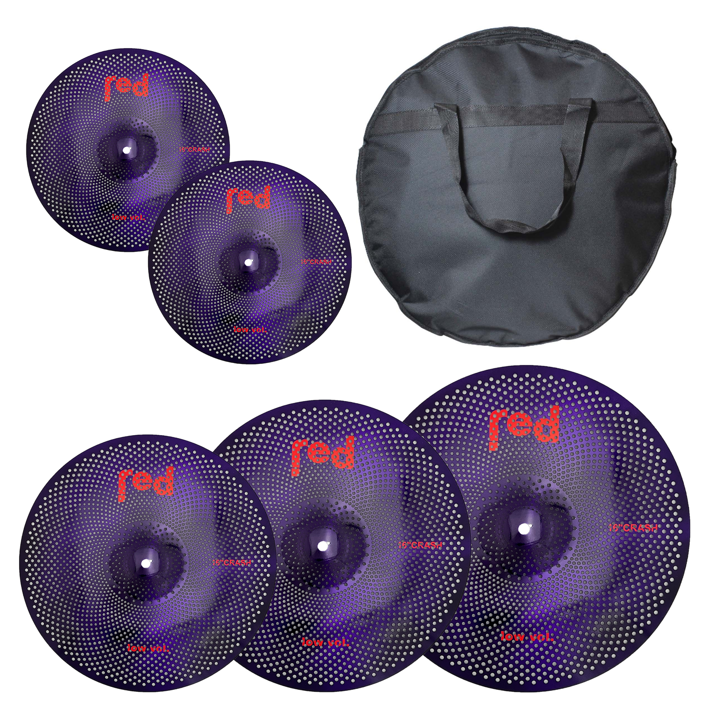 Low Volume 5 piece Cymbal Set (Choice of 6 colours) with free 20" Bag